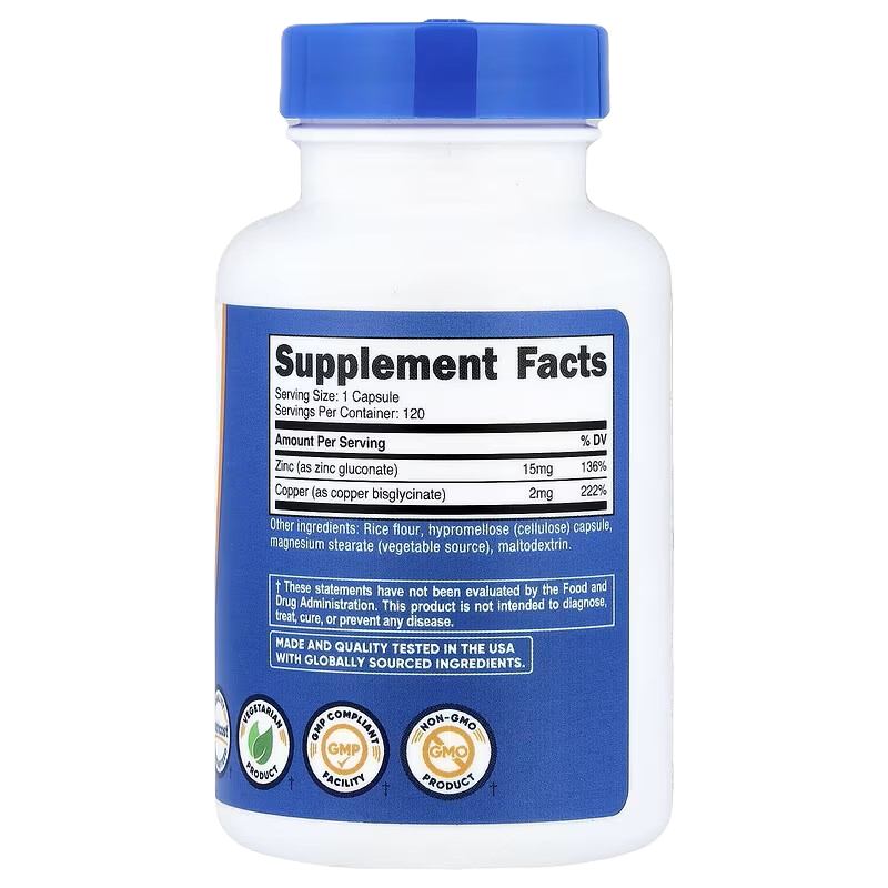 Nutricost Zinc 15 mg + Copper 2 mg 120 Capsules