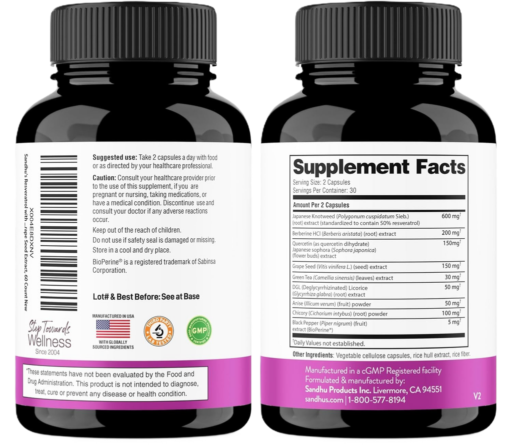 Sandhus Resveratrol con Berberina y Quercetina 60 Cápsulas