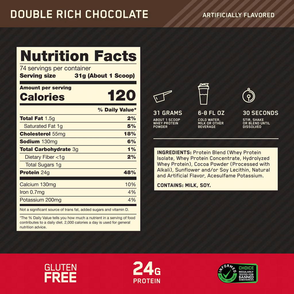 Optimum Nutrition, Proteína de suero de leche 100 % Gold Standard®, Chocolate doblemente intenso, 2,29 kg (5,05 lb)